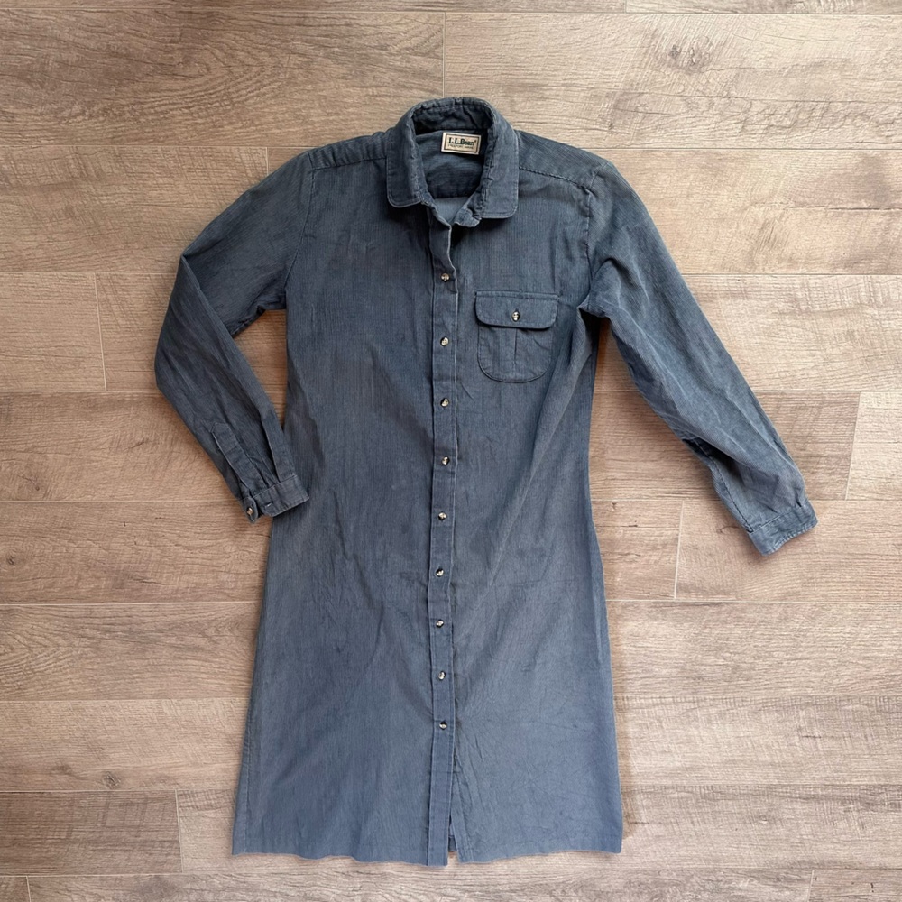 Vintage LL Bean Blue Corduroy Button Down Long Sleeve Dress